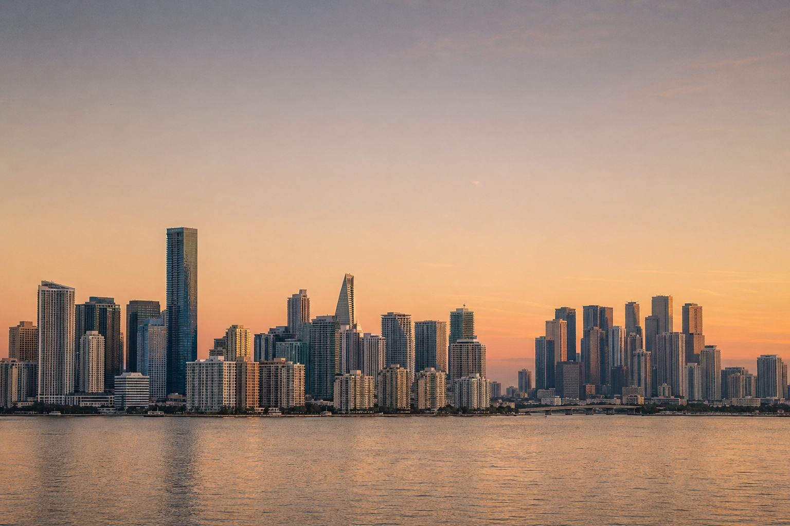 Miami's Brickell skyline at golden hour, viewed across Biscayne Bay